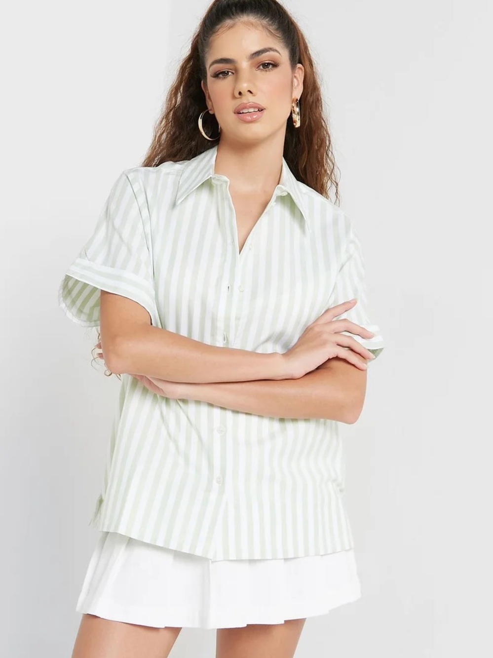 100% Cotton Topshop Pale Green & White Striped Short-Sleeve Button-Down Shirt